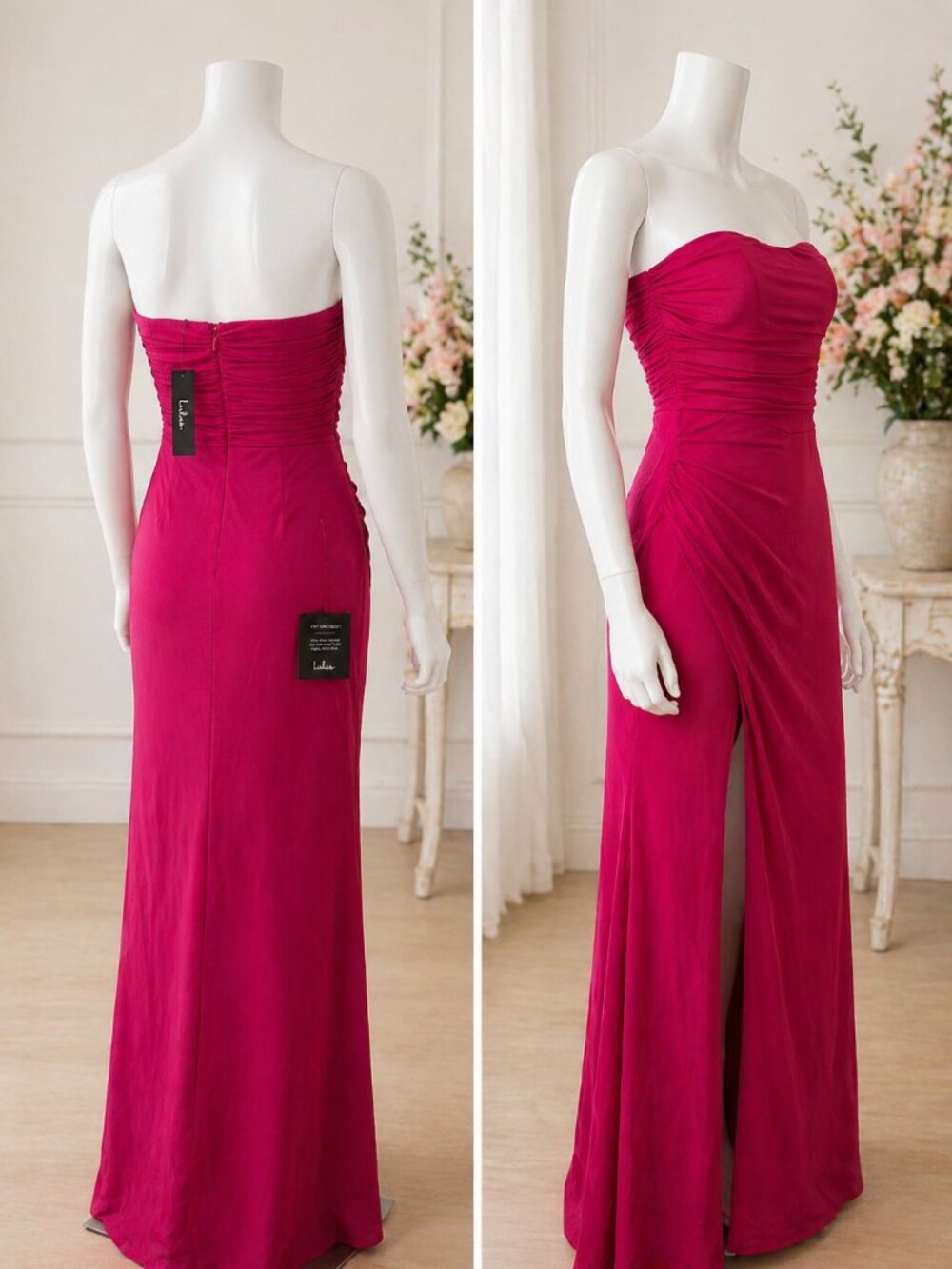 Lulus Pink Strapless Ruched Maxi Gown NWT Size S Formal Wedding Guest Slit Dress